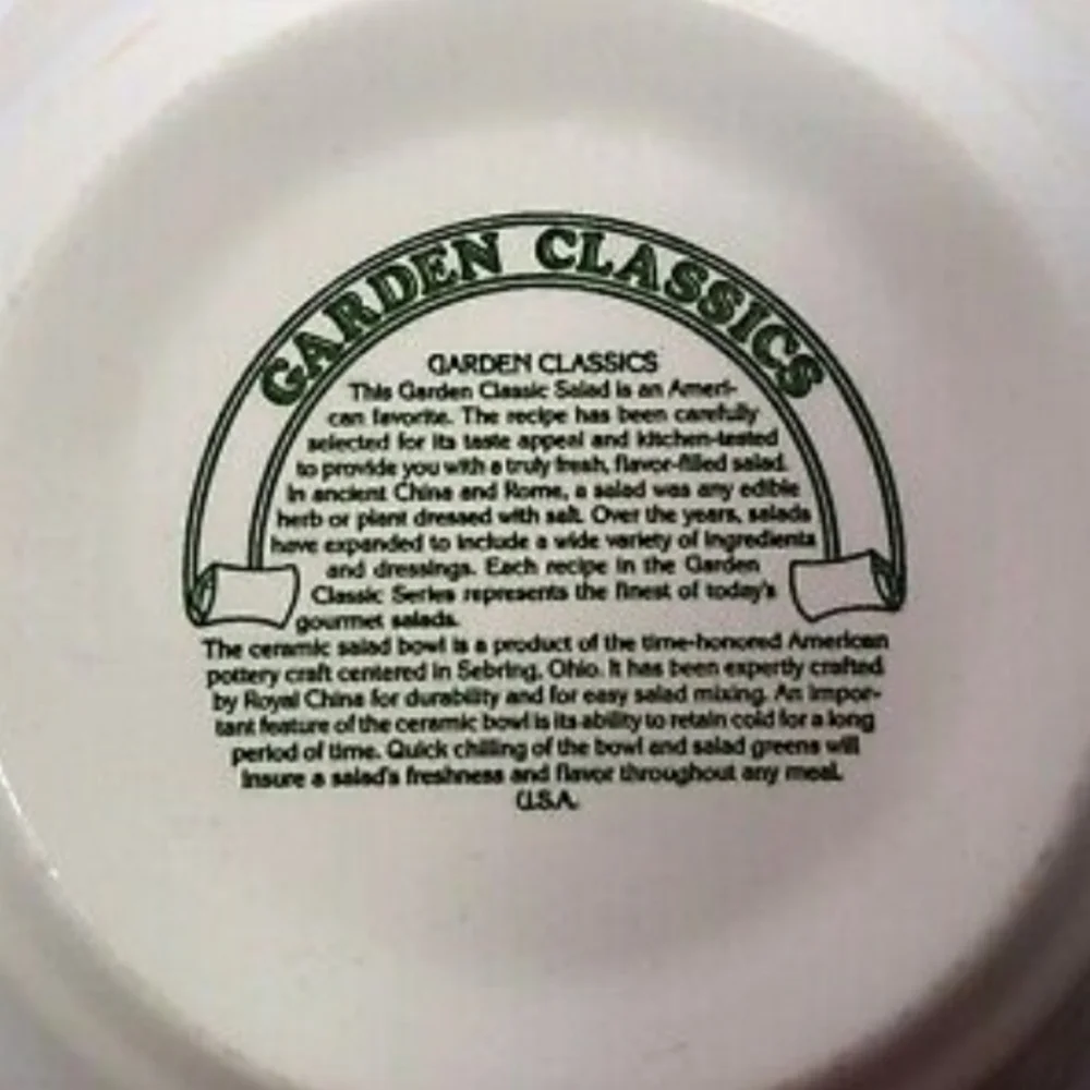 LARGE VINTAGE GARDEN CLASSICS SERVING BOWL WITH PRINTED RECIPE